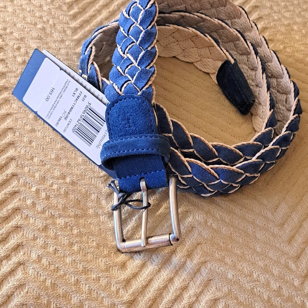 FAÇONNABLE Azure Suede & White Fabric Braided Leather Belt Made in Italy Size 40